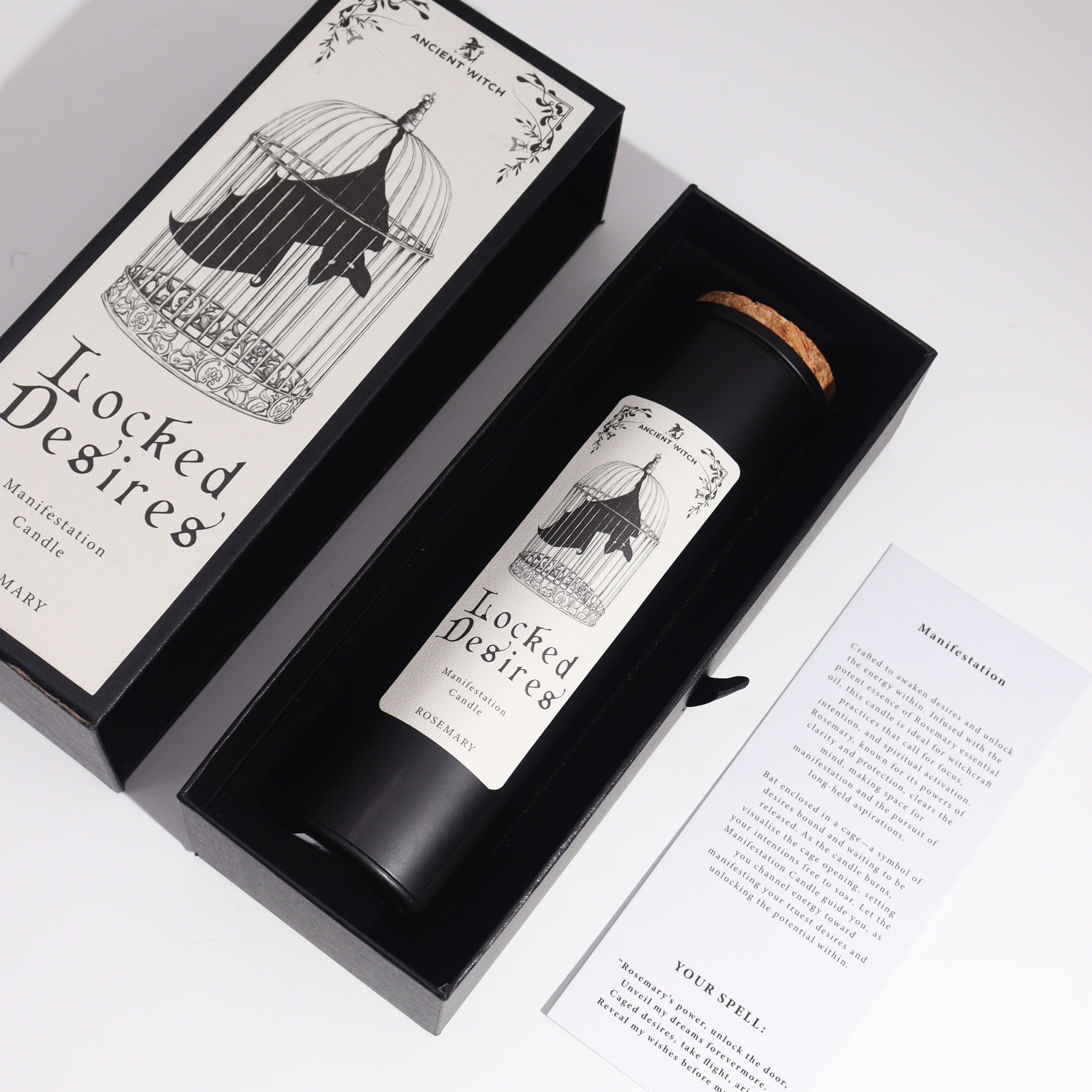 Black candle in a decorative box with 'Locked Desires' branding on a white background