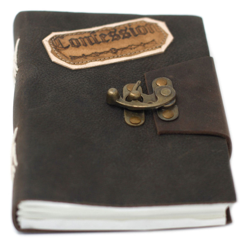 Black leather-bound notebook with a brass lock and 'Confessions' patch on a white background