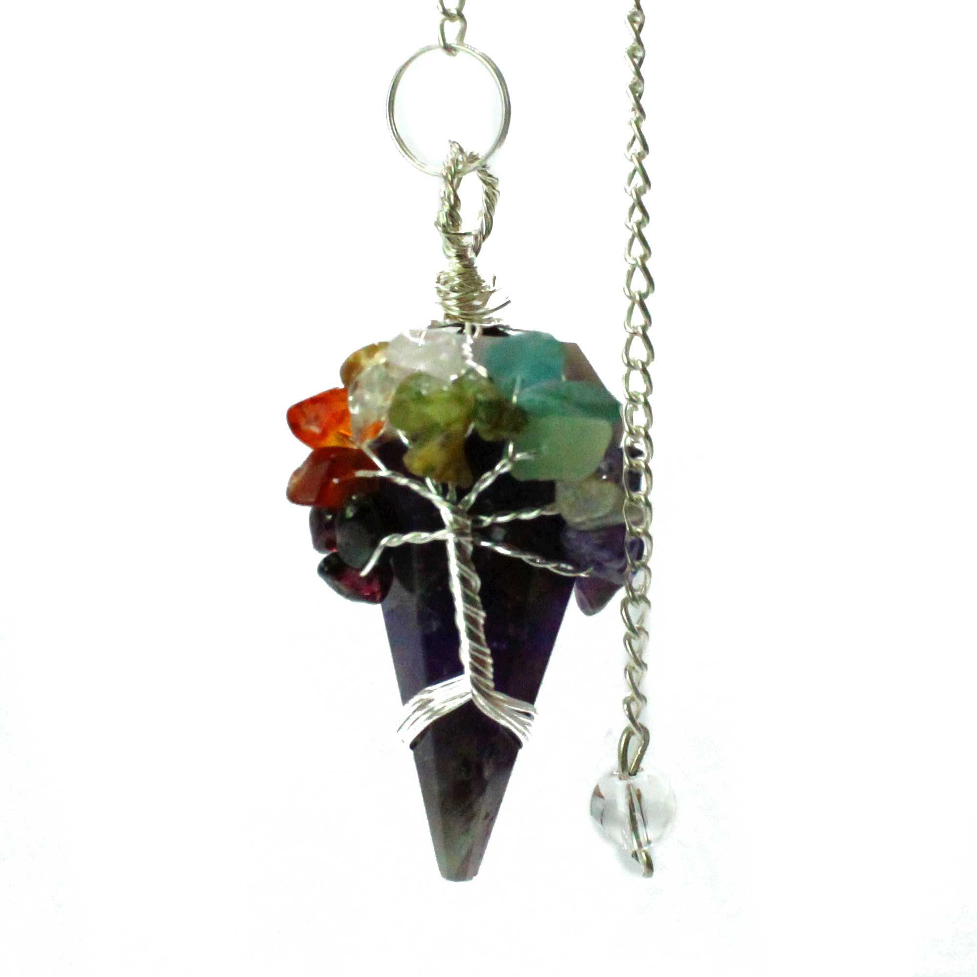 Multicolored crystal pendant on a chain against a white background