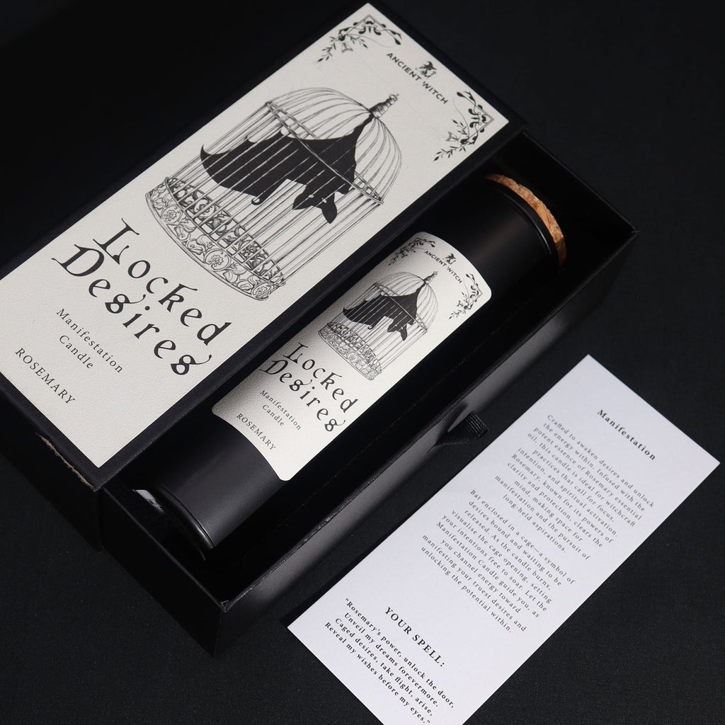 Candle set with 'Locked Desires' branding on a black background