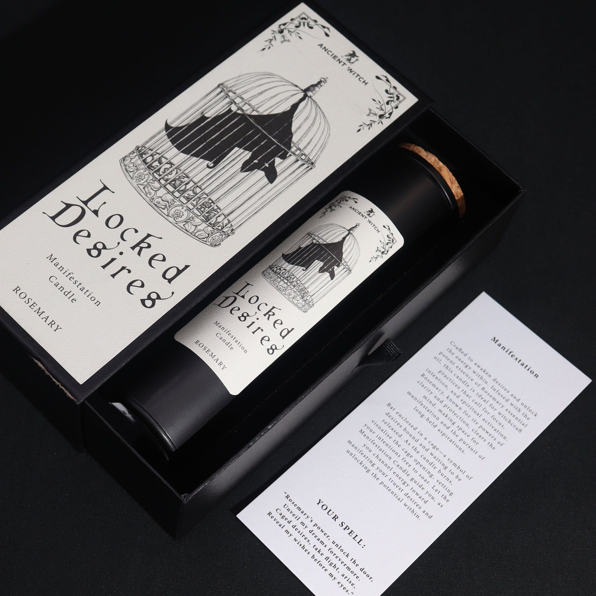 Candle set with 'Locked Desires' branding on a black background