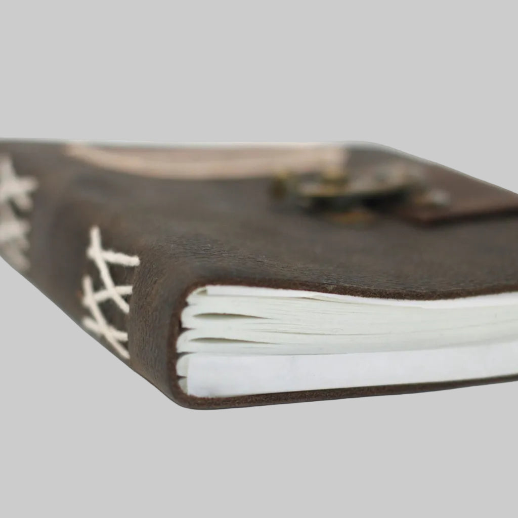 Close-up of a leather-bound notebook with white pages on a white background