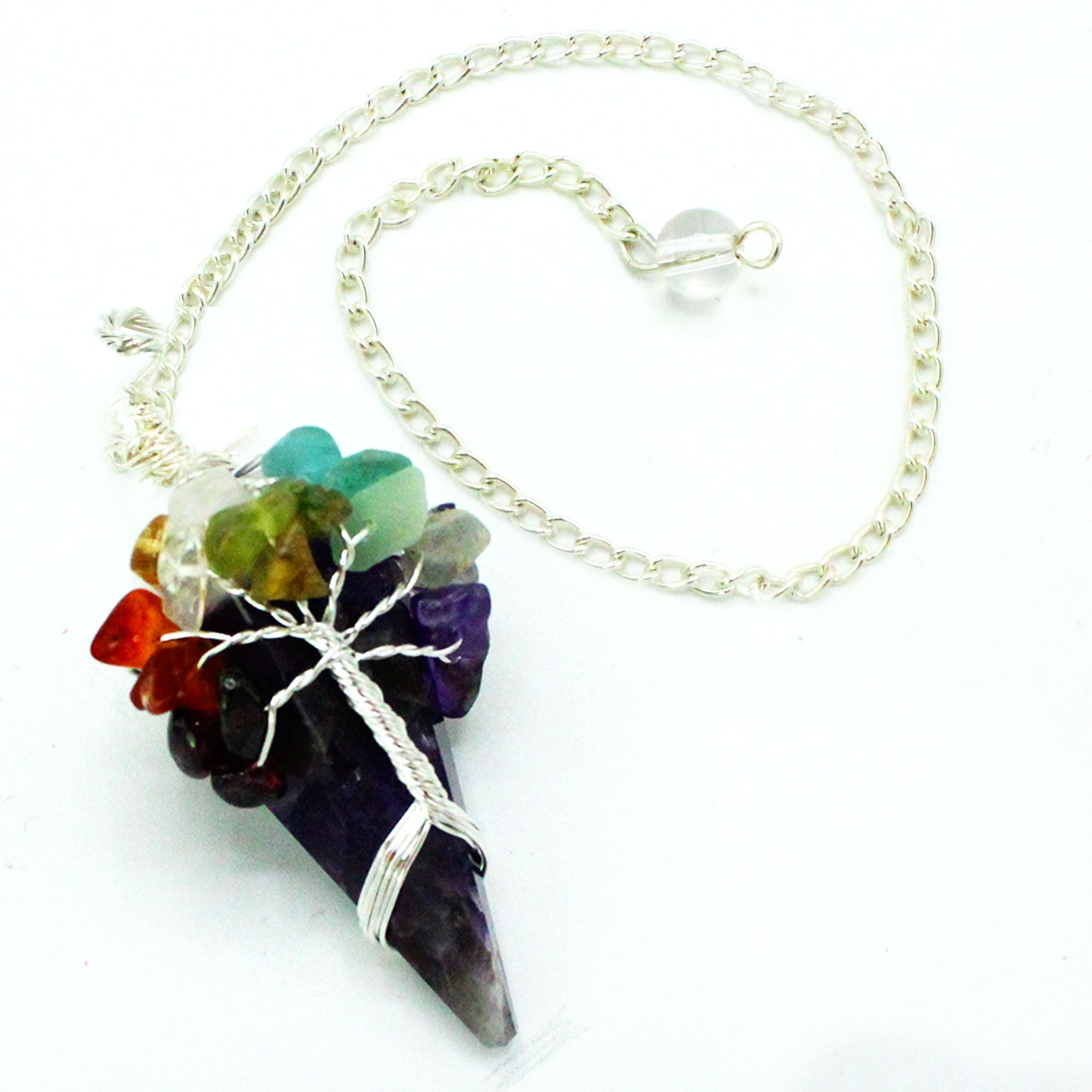 Necklace with a multicolored crystal pendant on a white background