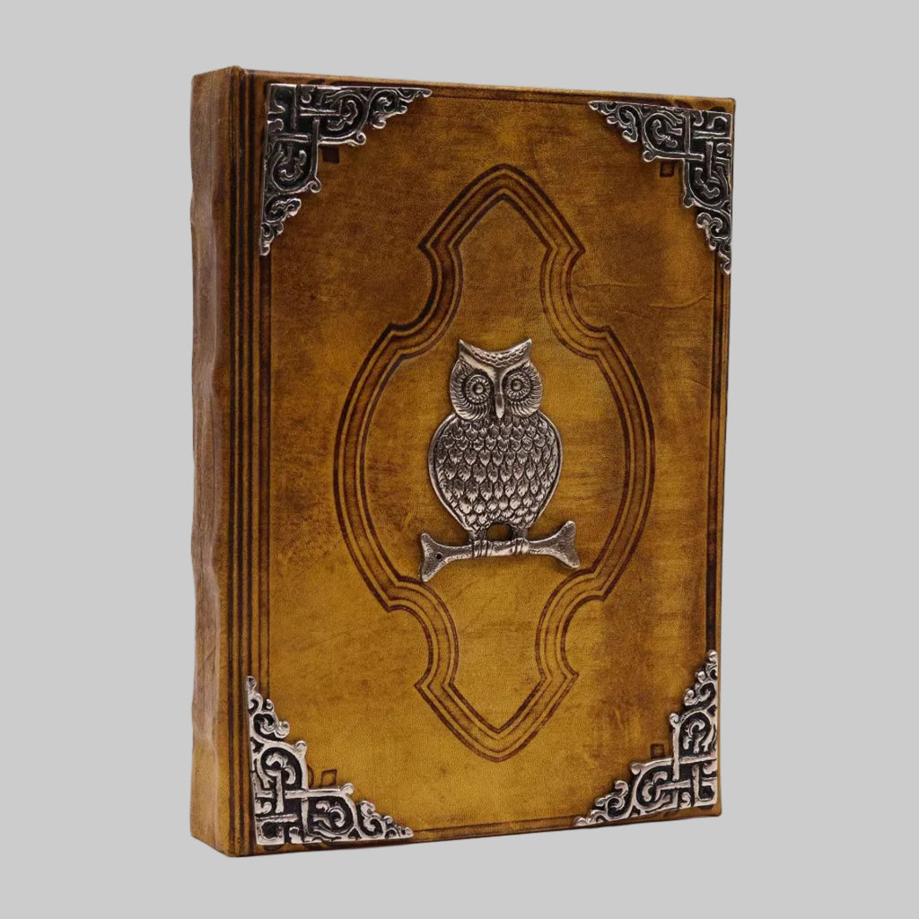 Brown leather book with owl design and decorative corners on a white background