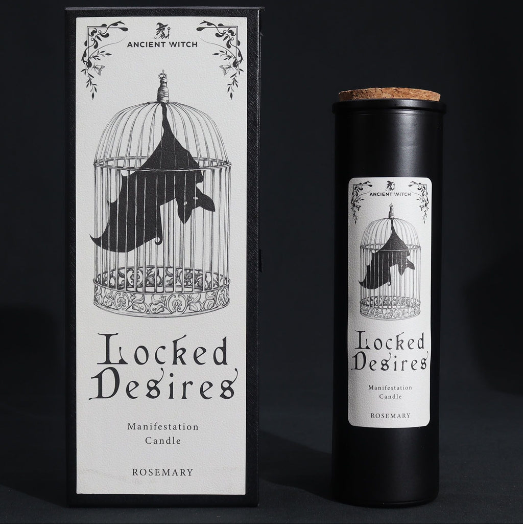 Candle titled 'Locked Desires' with packaging on a dark background