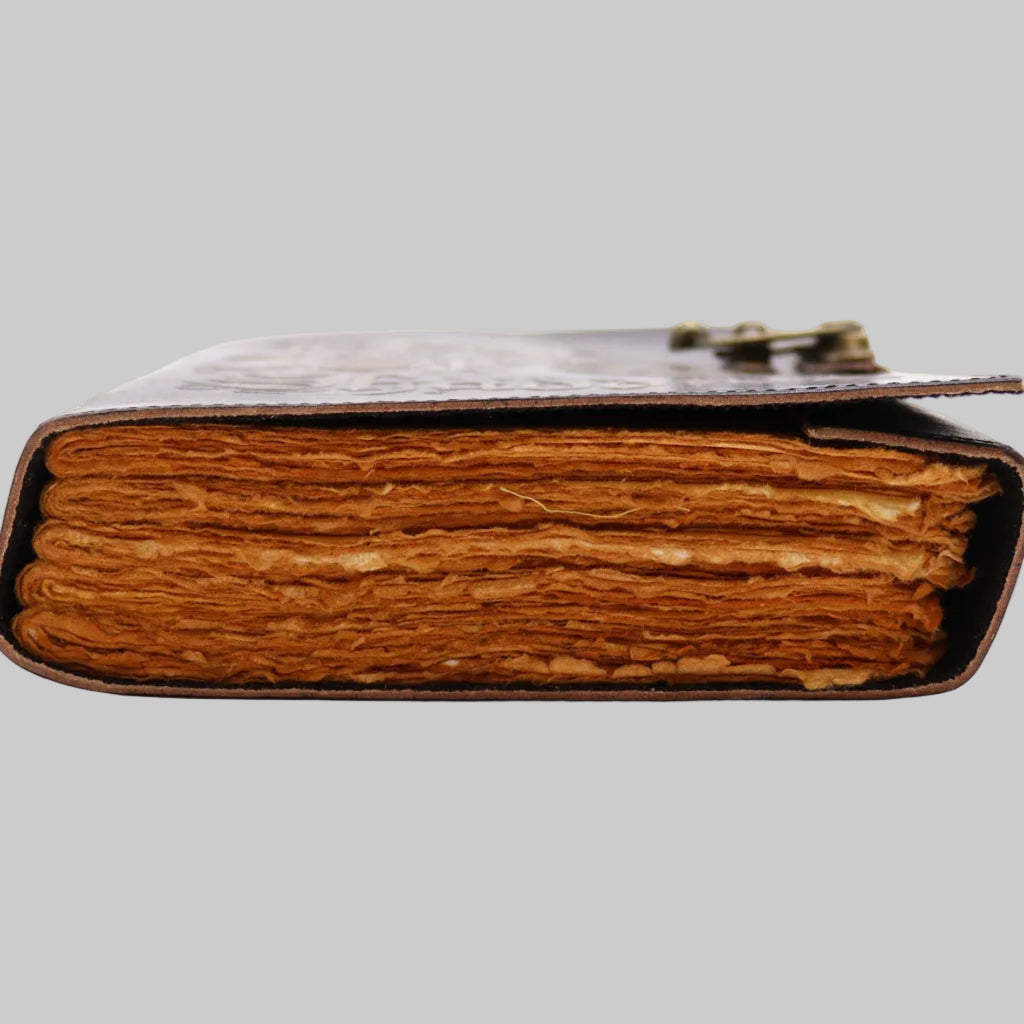 Close-up of a leather-bound book with visible stitching on a white background