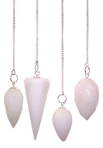 Set of four white shell pendants on silver chains against a white background