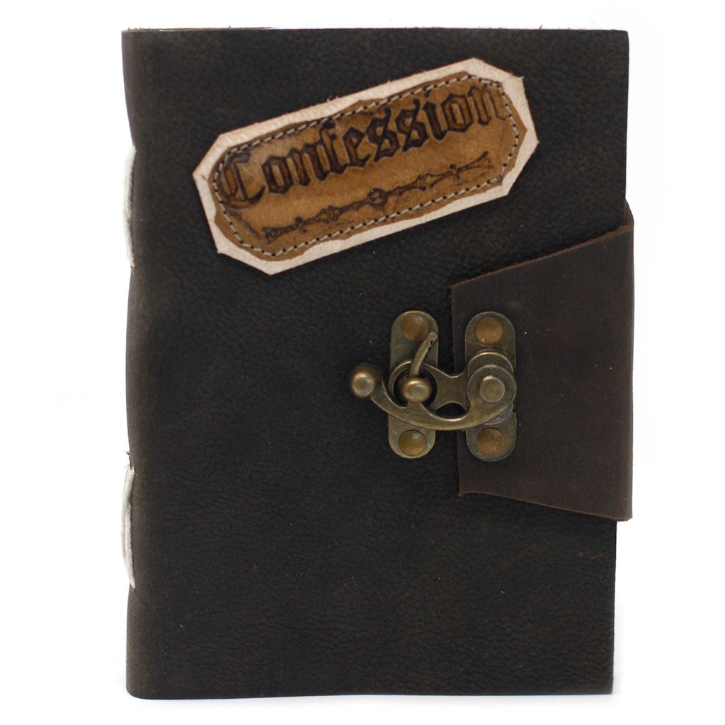 Black leather notebook with a brown latch and 'Confession' label on a white background