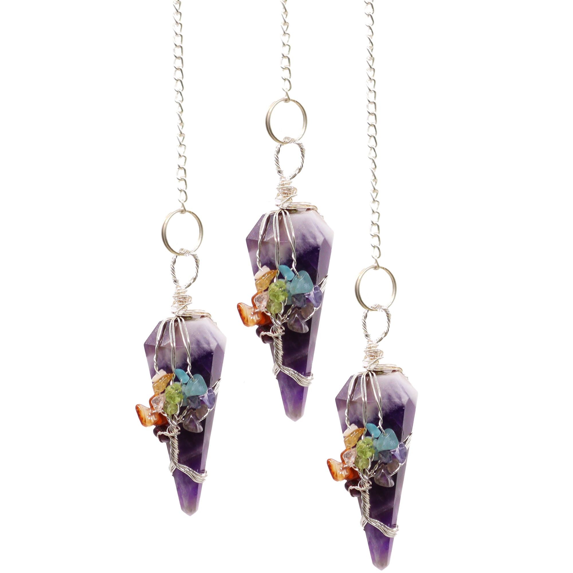 Three amethyst crystal pendulums with embedded colorful stones on a white background