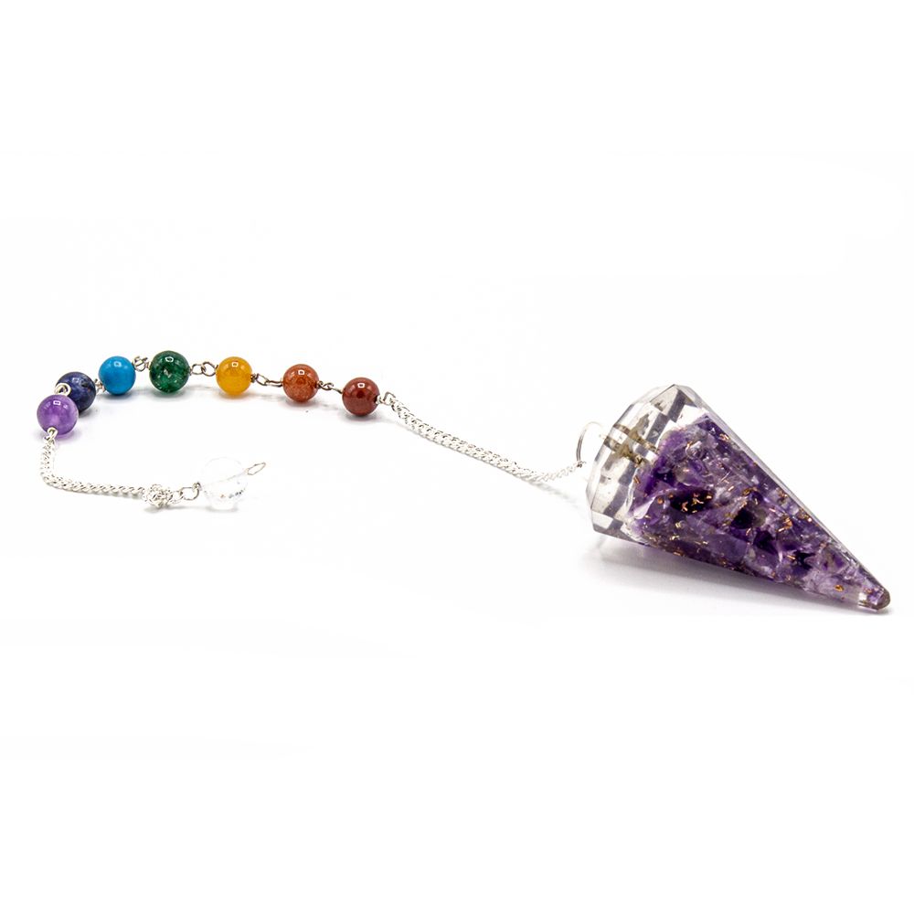 Crystal pendulum with chakra beads on a white background