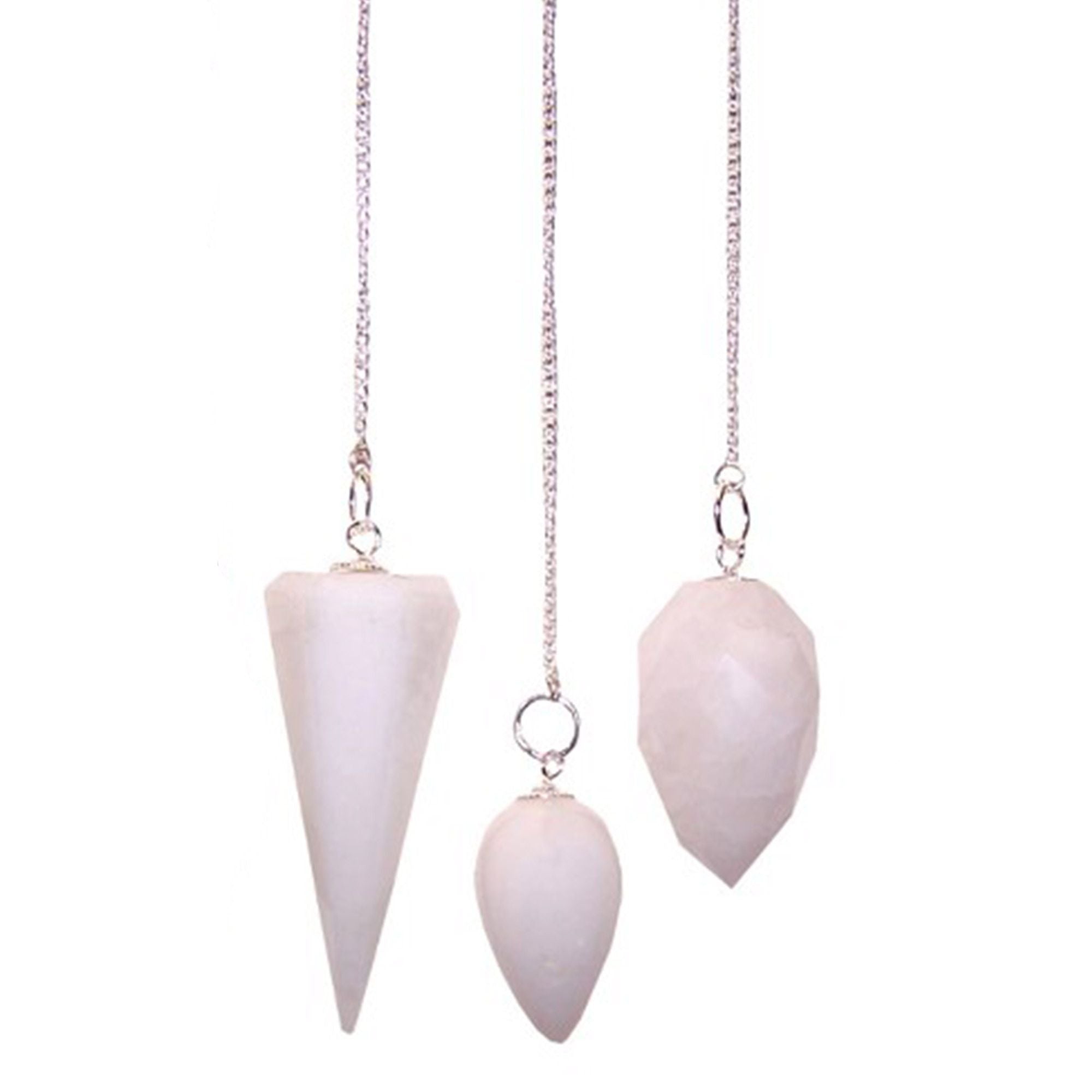 Three white cone-shaped pendants on silver chains against a white background