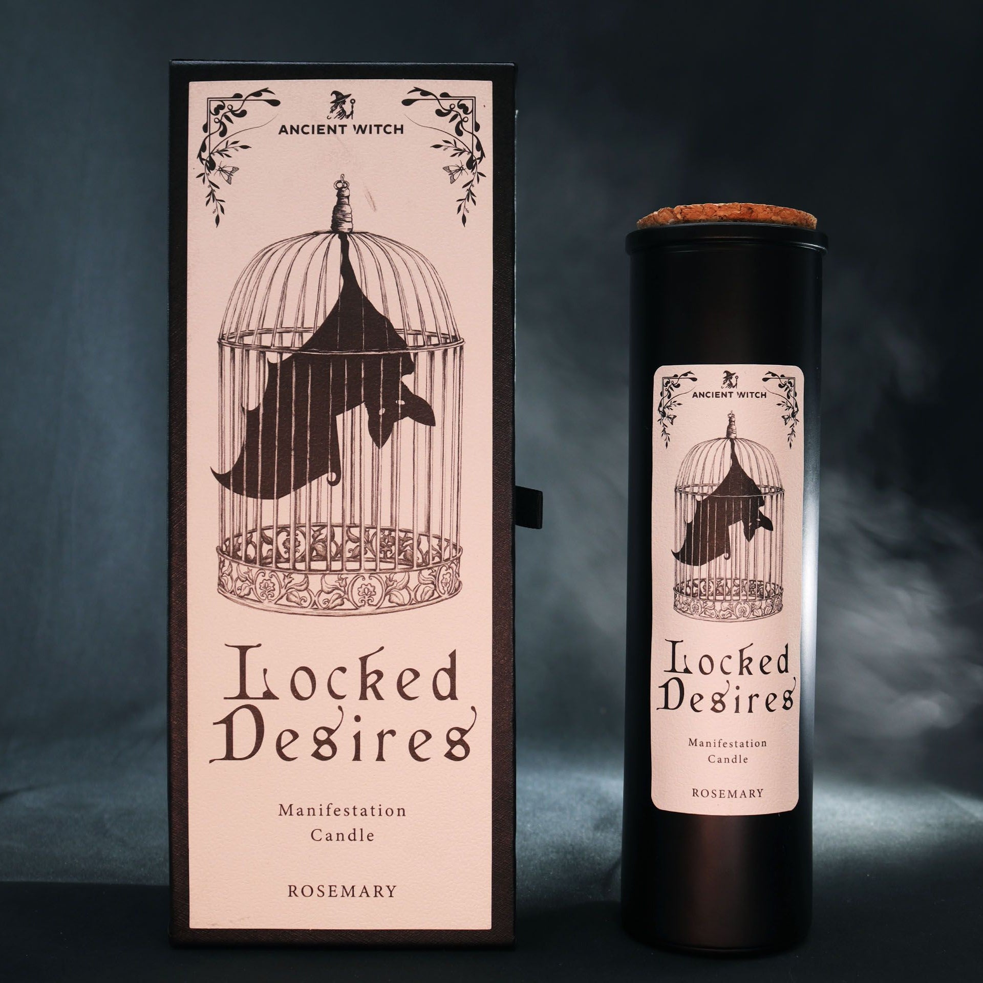 Manifestation candle labeled 'Locked Desires' with packaging on a dark background