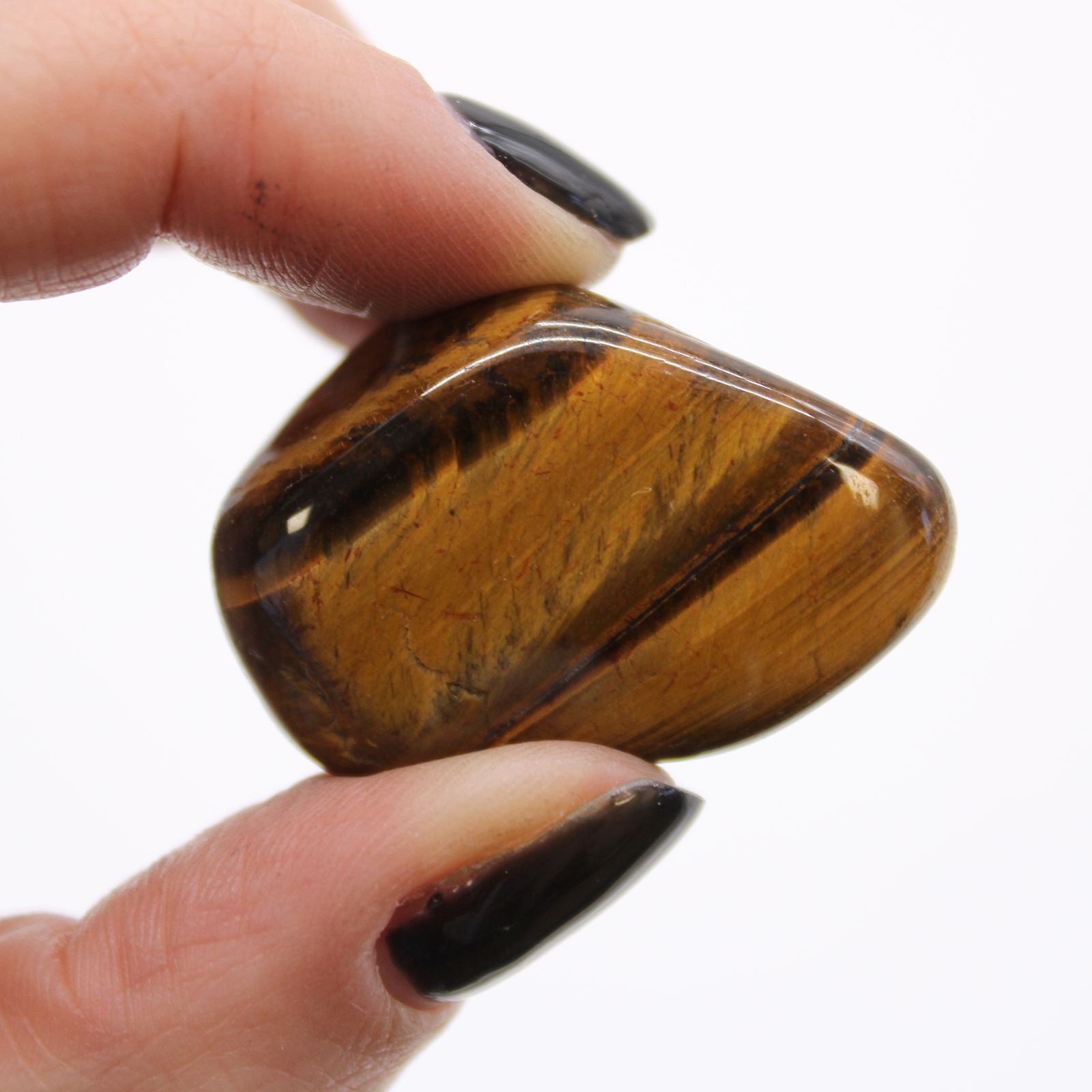 Hand holding a tiger's eye stone against a white background