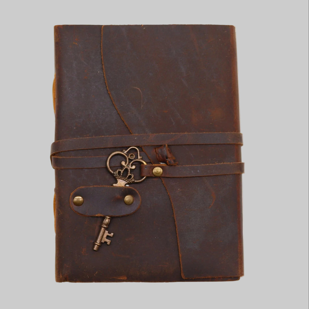 Brown leather journal with key charm on a white background