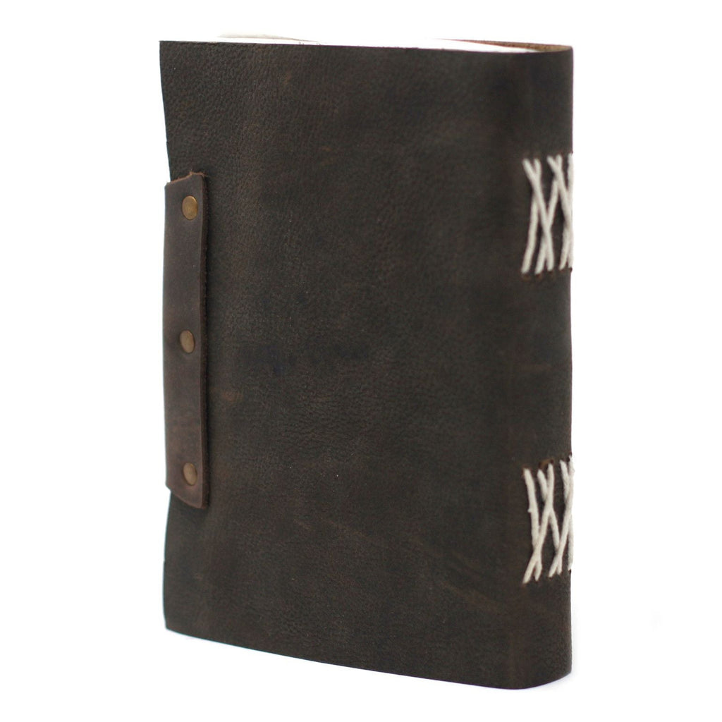 Dark brown leather notebook with gold accents on a white background