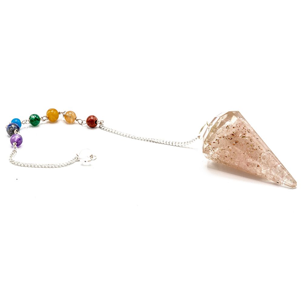 Crystal pendulum with chakra beads on a white background