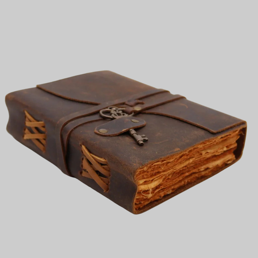 Brown leather-bound book with a key charm on a white background
