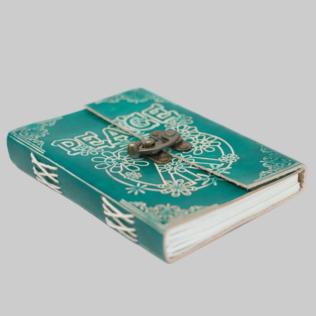 Teal notebook with decorative cover and white text on a white background