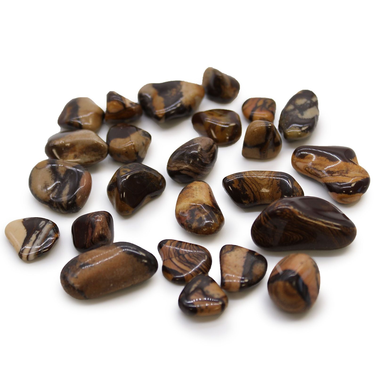 Collection of tiger eye stones on a white background