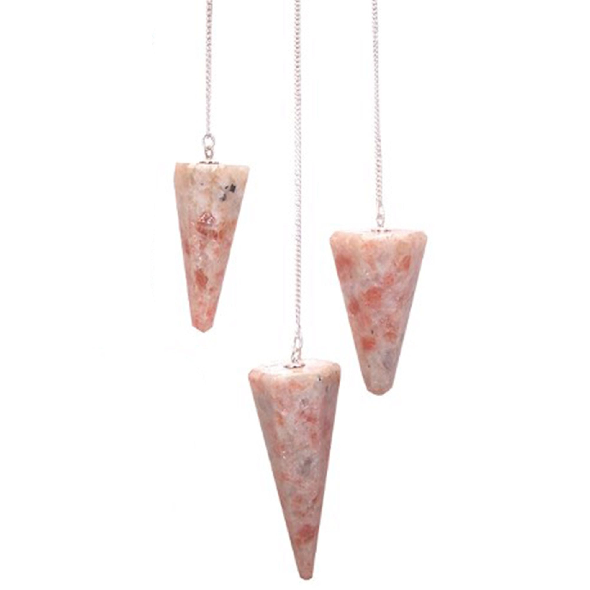 Three pink stone cone-shaped pendants on silver chains against a white background
