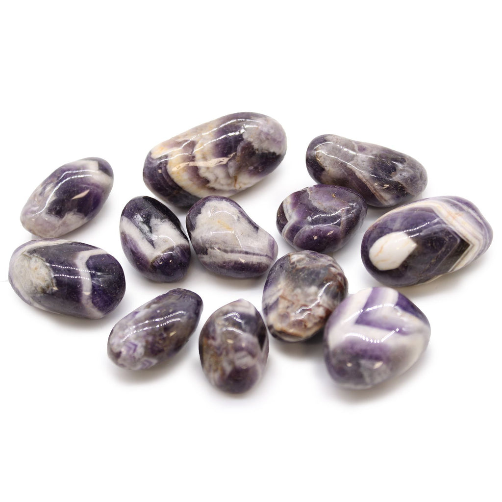 Amethyst stones on a white background