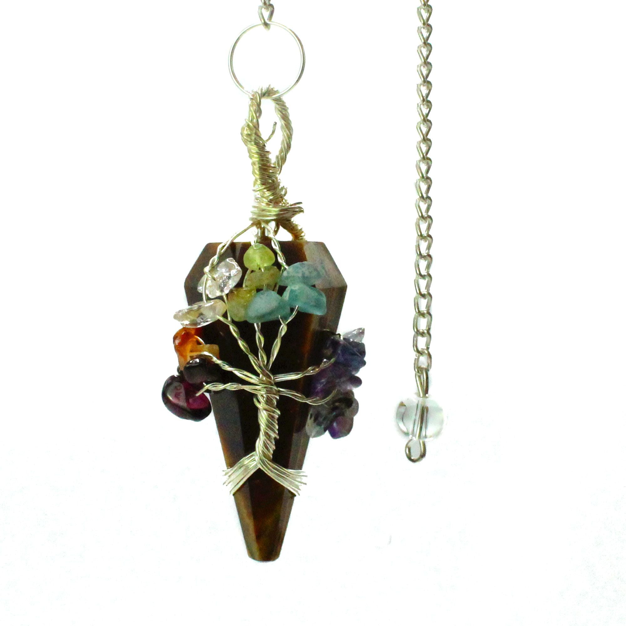 Crystal pendulum with multicolored stones on a white background