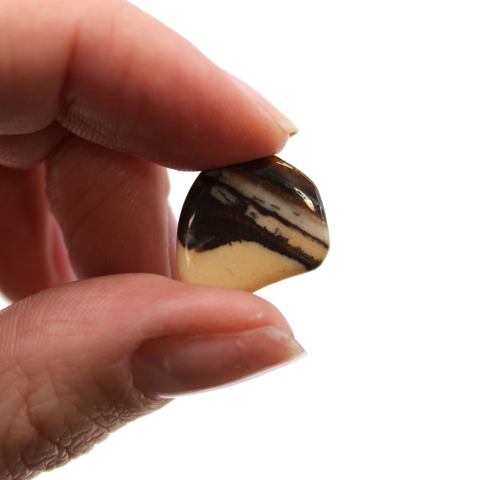 Hand holding a marbled stone against a white background