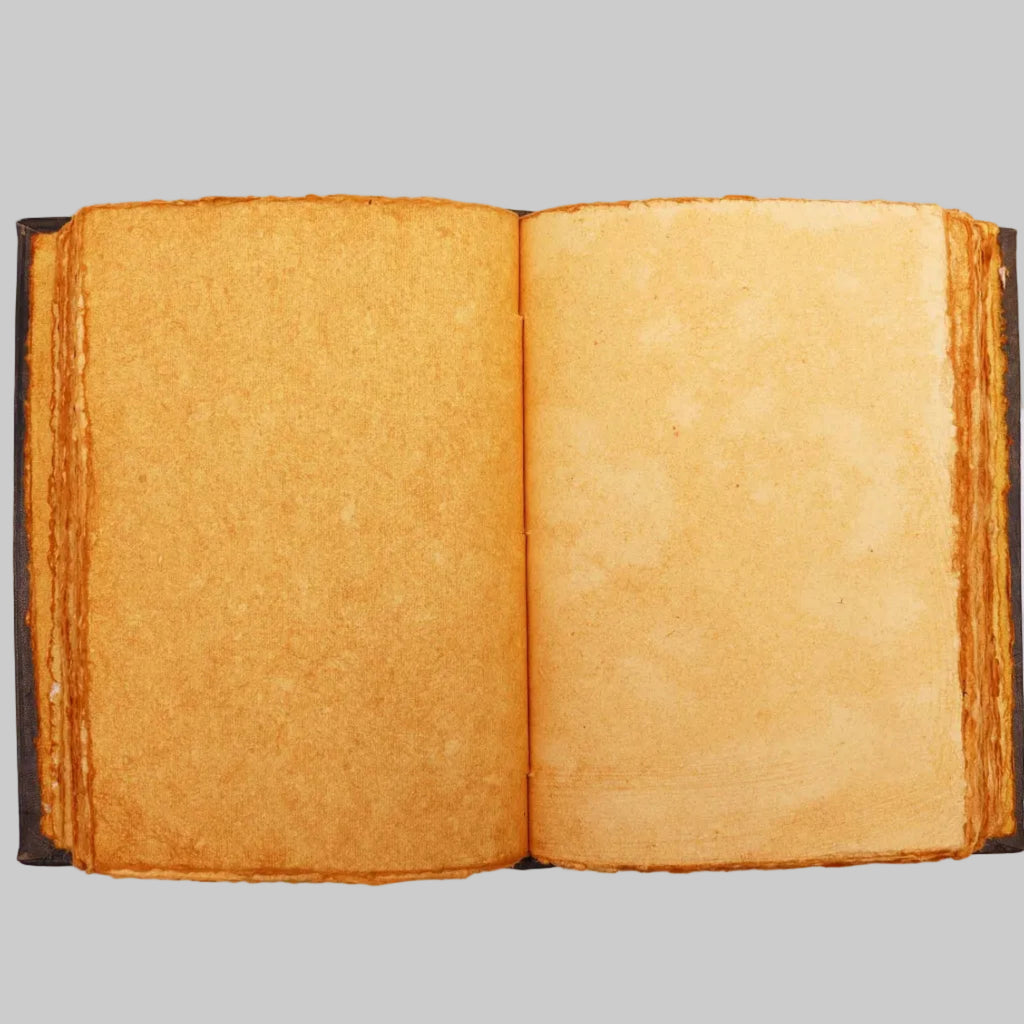 Open book with yellowed pages on a white background