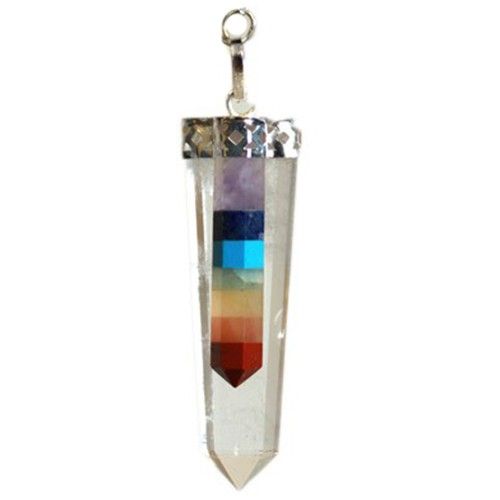 Multicolored crystal pendant with a silver hook on a white background