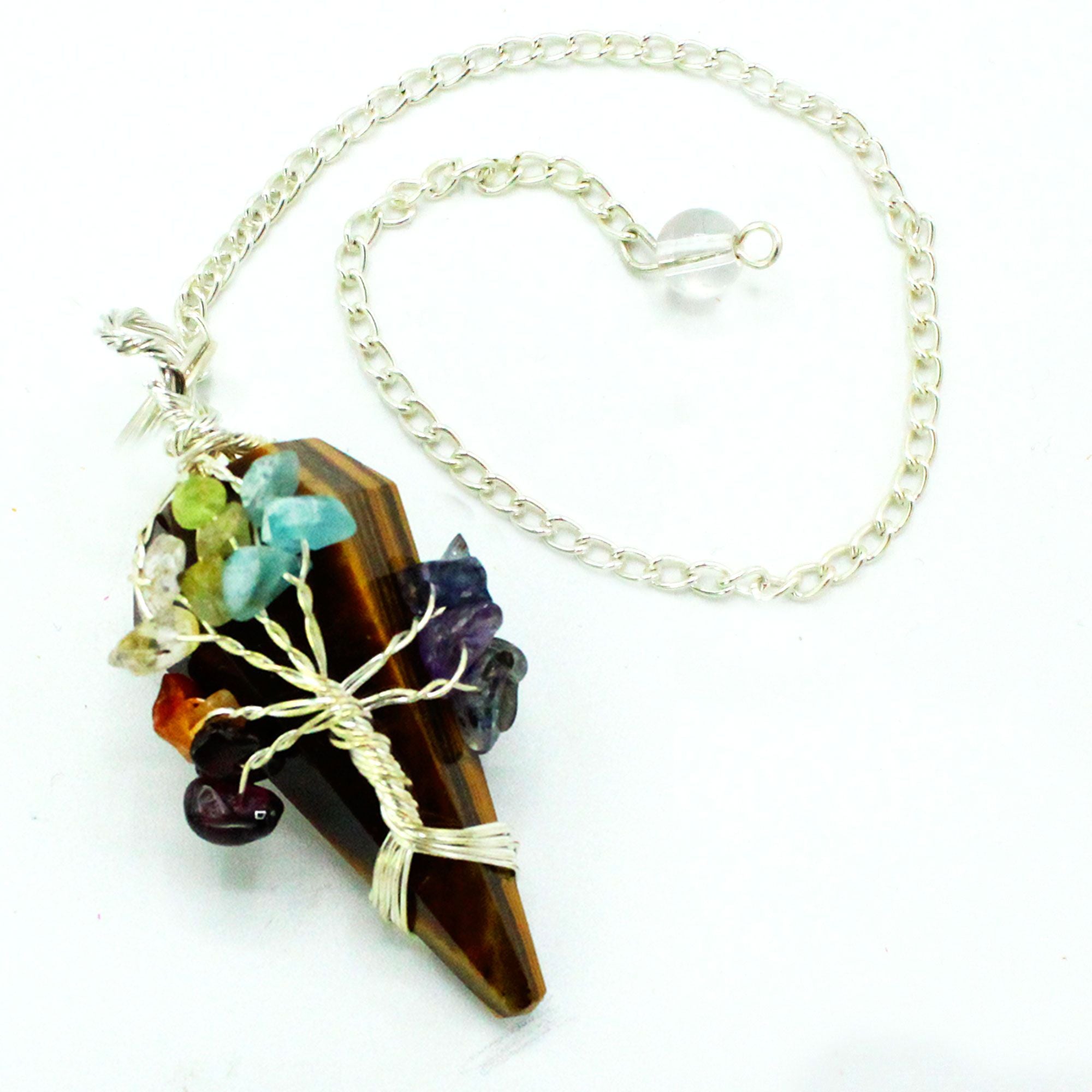 Necklace with a tiger's eye crystal pendant on a white background