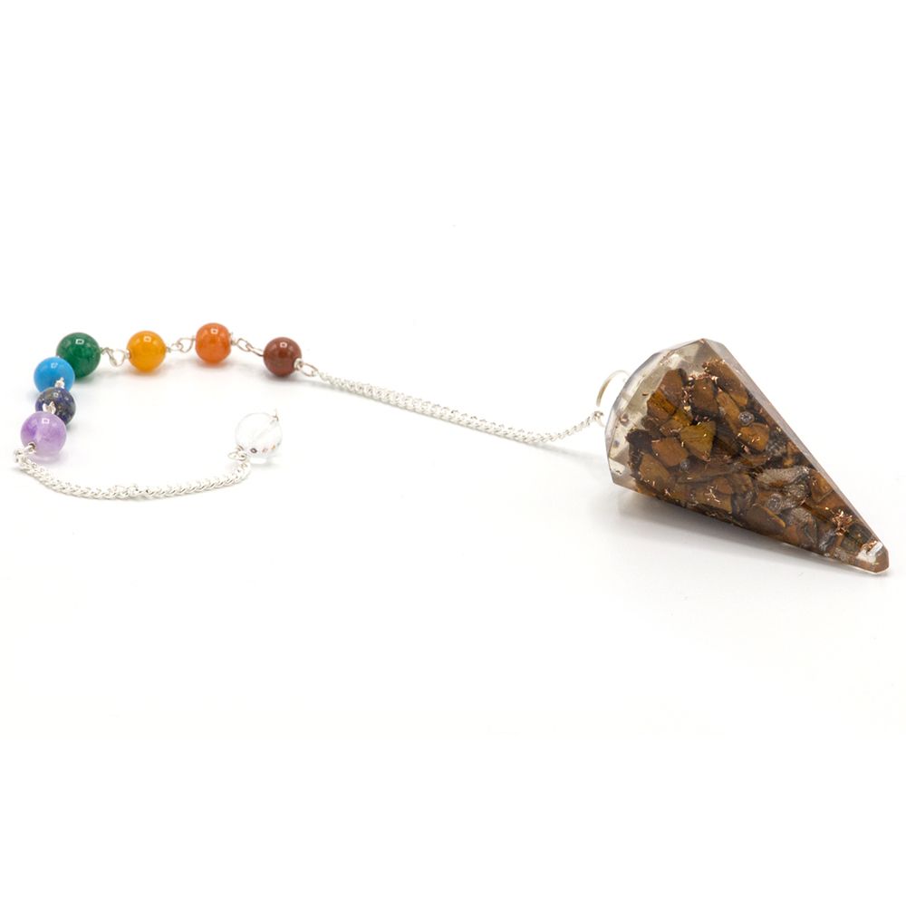 Crystal pendulum with colorful beads on a white background