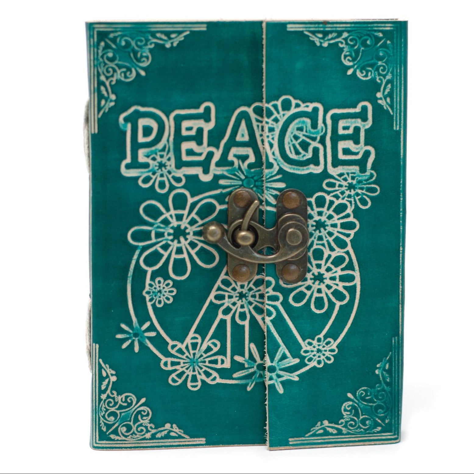 Teal decorative box with 'PEACE' and floral designs on a white background