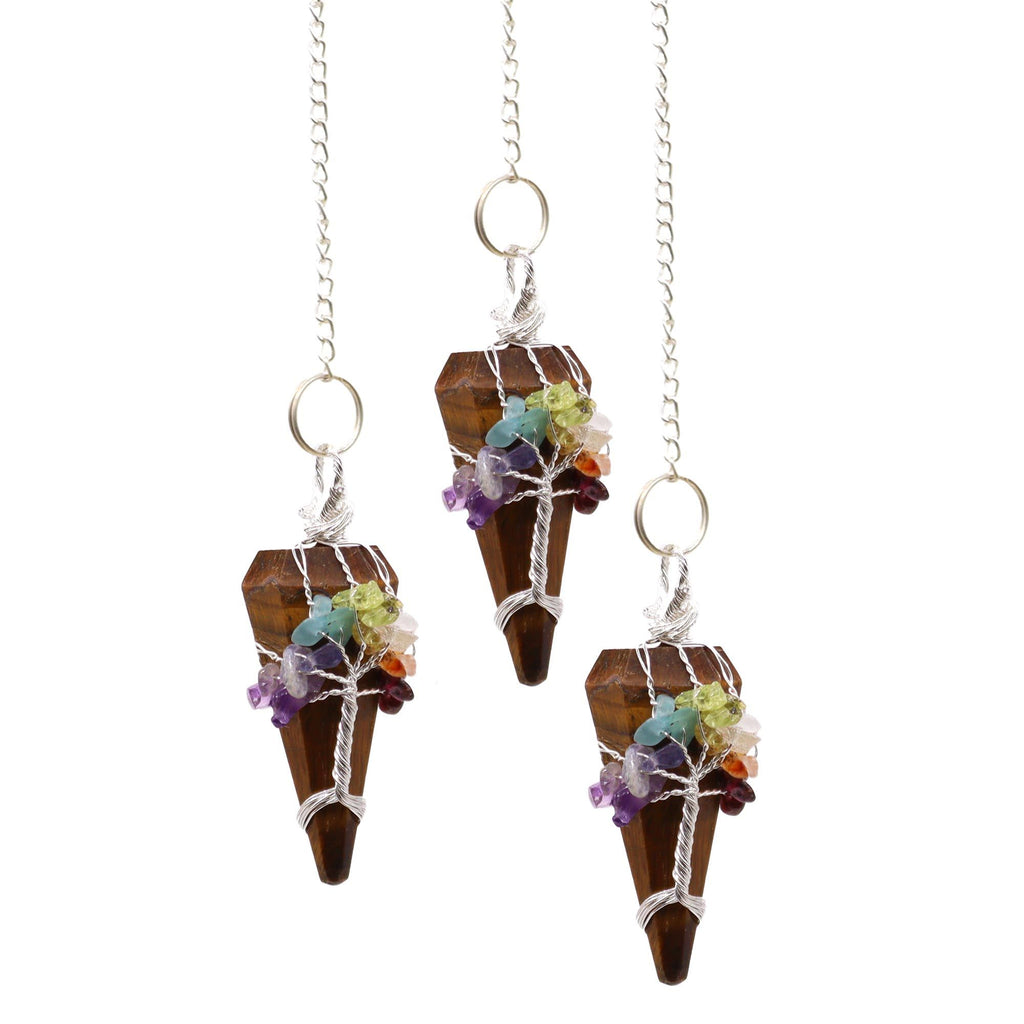 Set of three wooden crystal pendulums with colorful stones on a white background