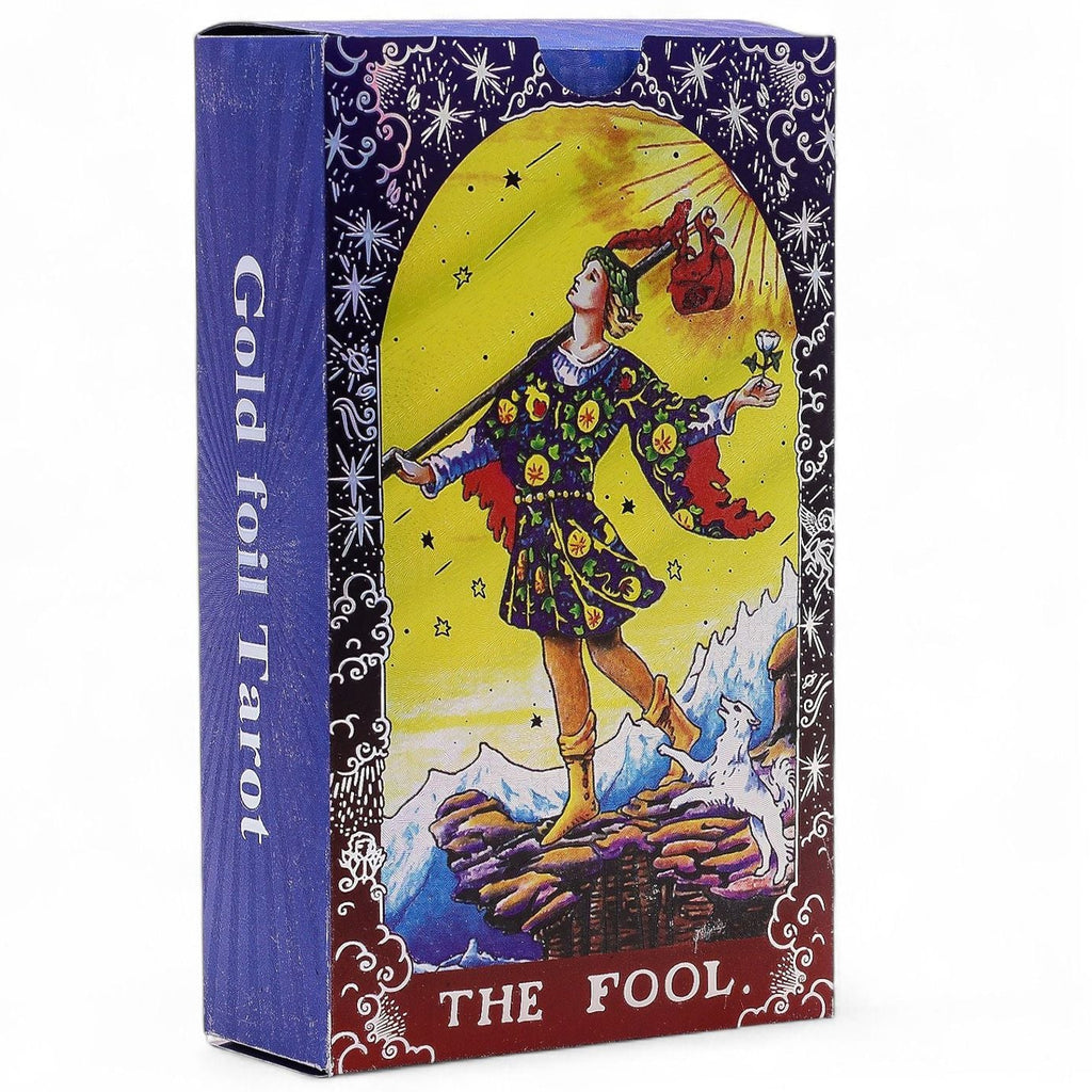 Tarot card box with 'The Fool' illustration on a white background
