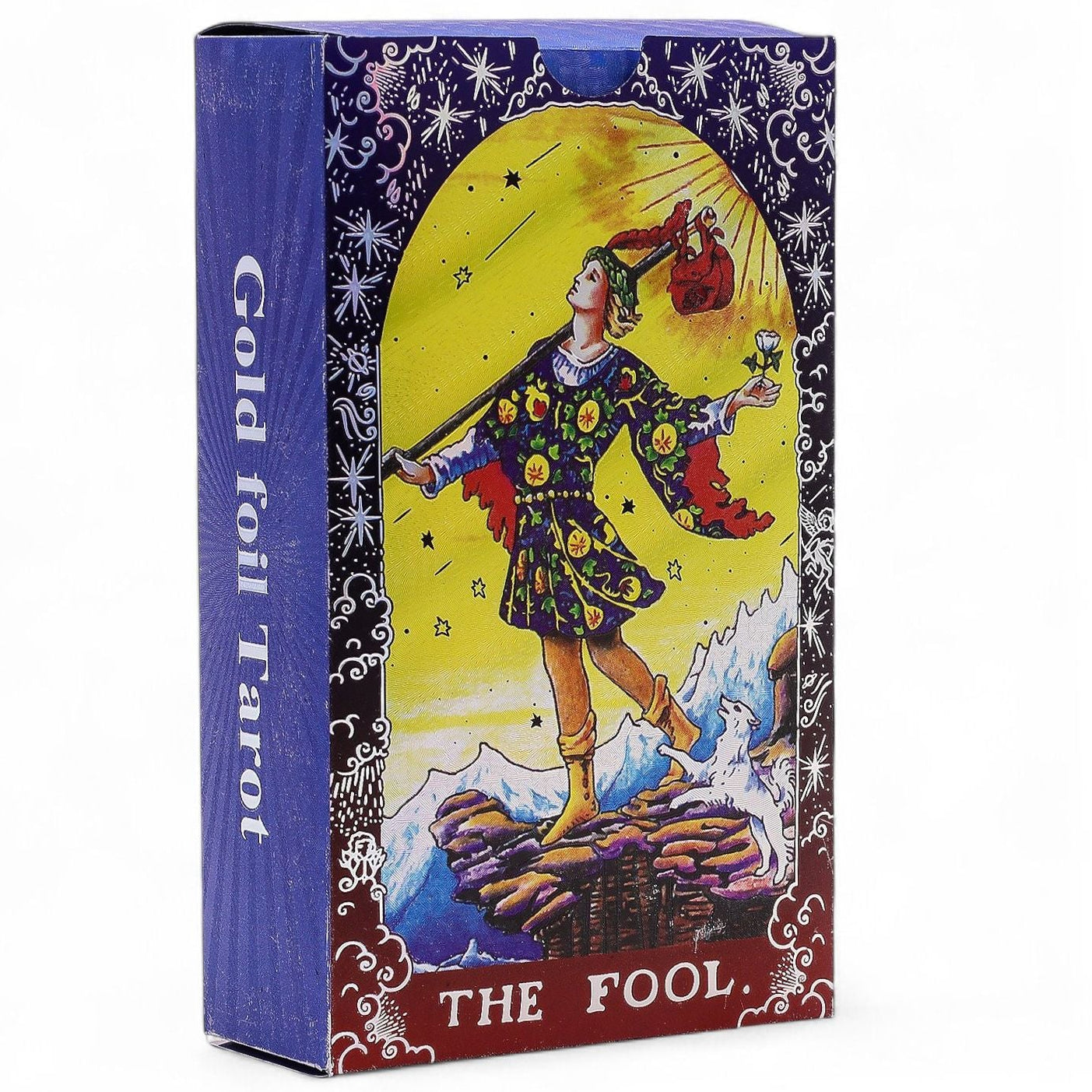 Tarot card box with 'The Fool' illustration on a white background