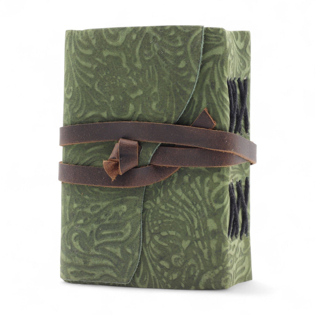 Green fabric roll with a brown leather strap on a white background