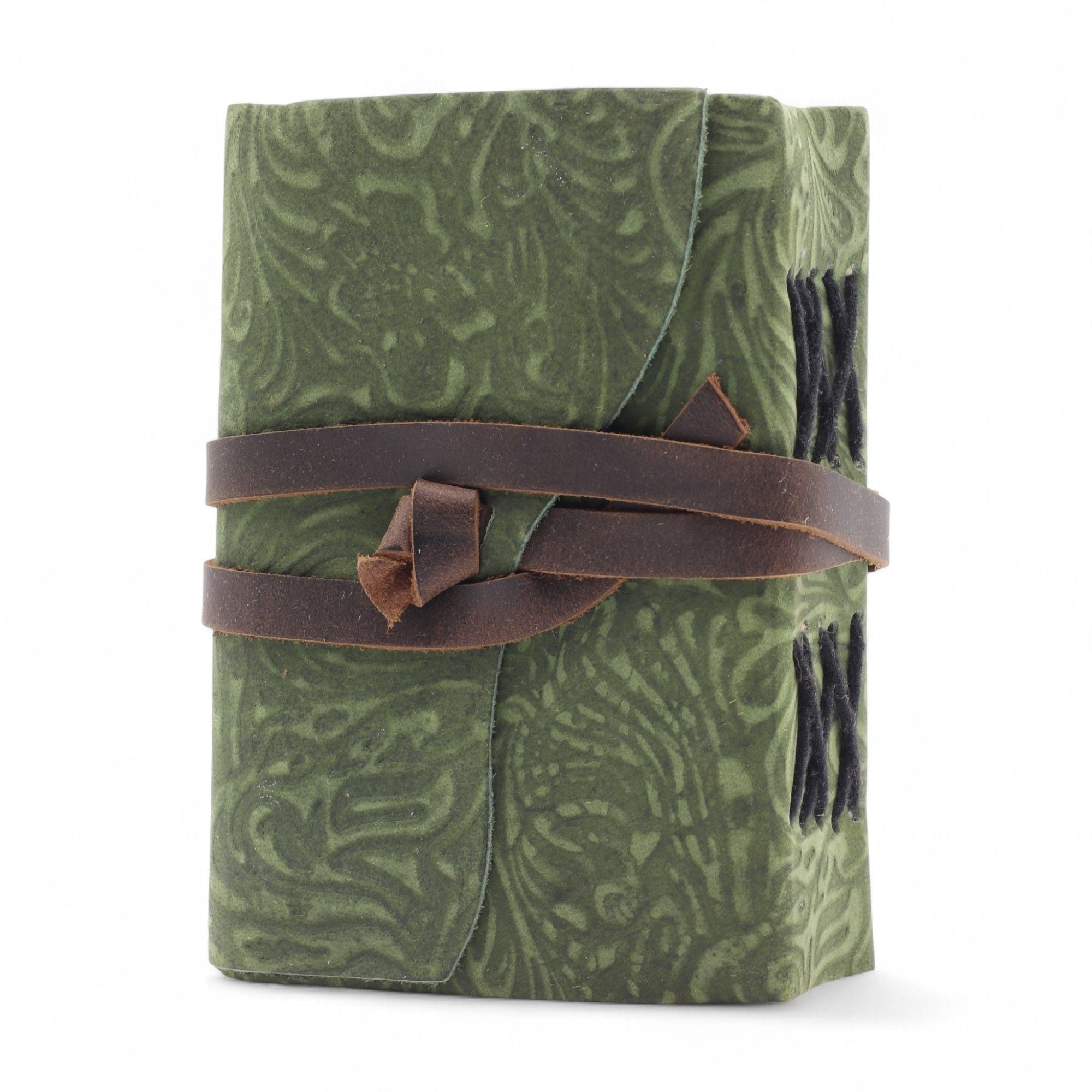 Green fabric roll with a brown leather strap on a white background