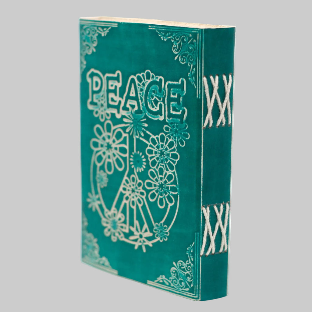Teal book with white 'PEACE' design on a white background