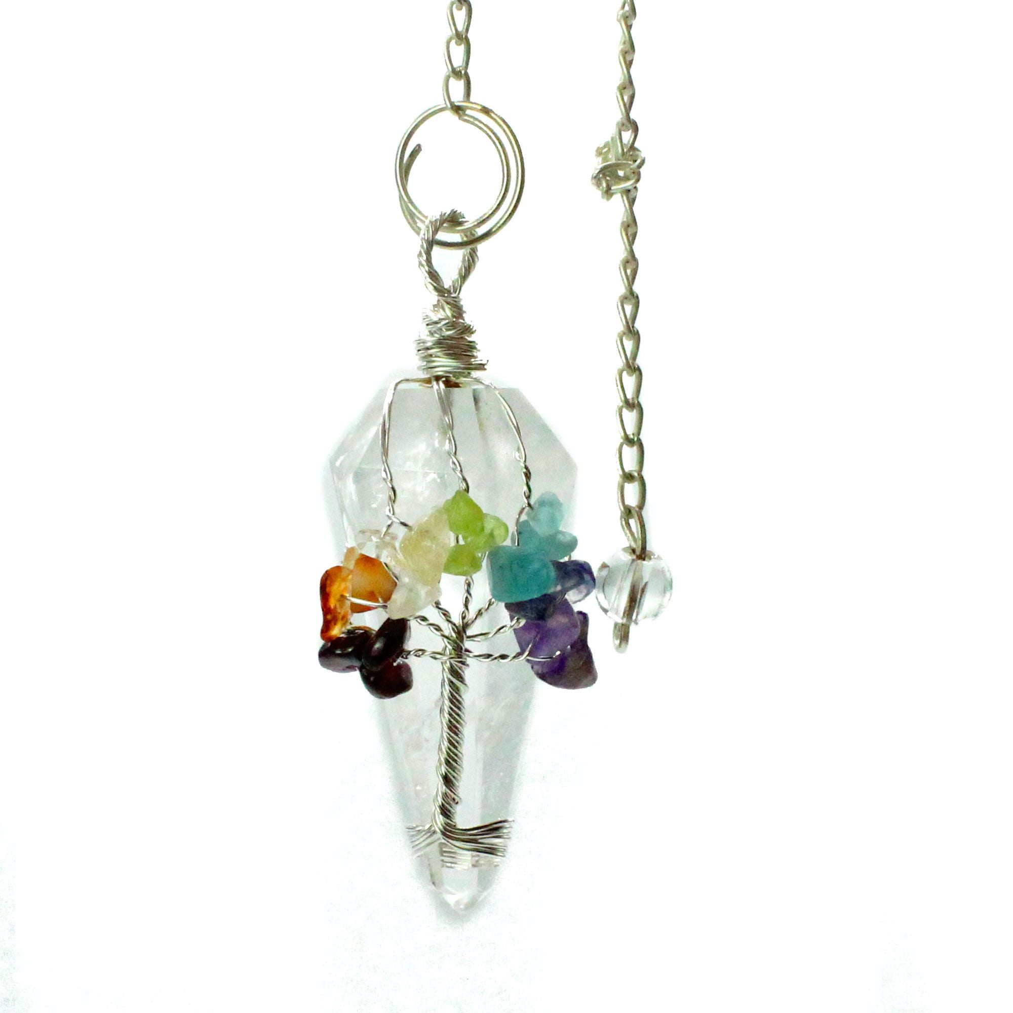 Crystal pendant necklace with colorful beads on a white background