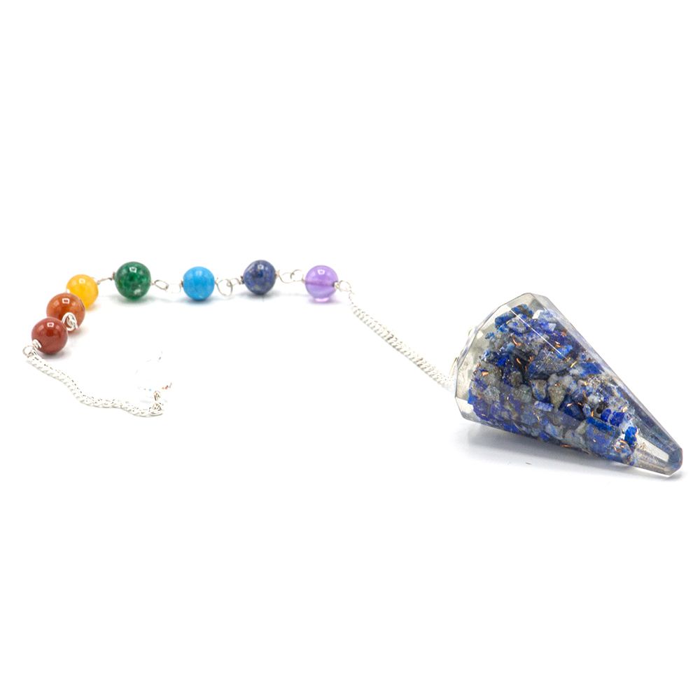 Crystal pendulum with colorful beads on a white background