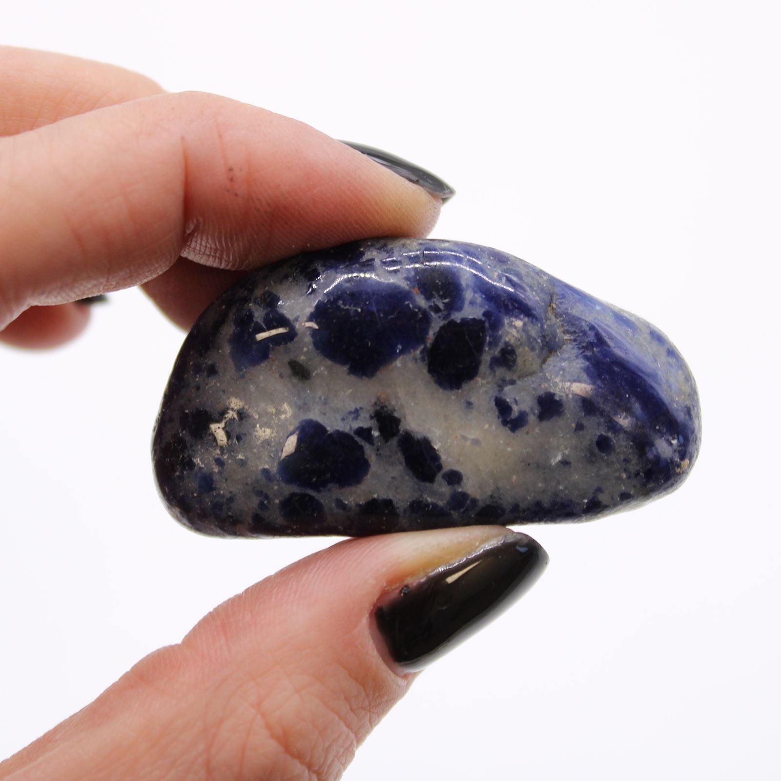 Hand holding a blue and black speckled stone against a white background