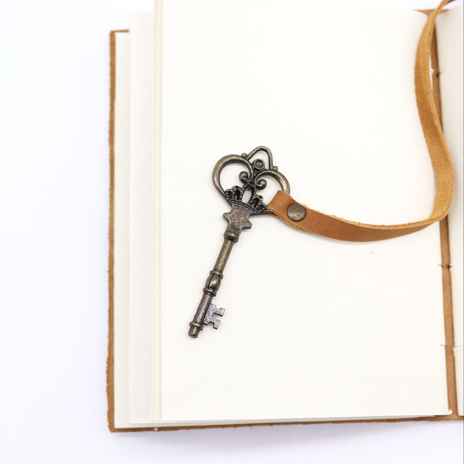 Decorative key with a leather strap on an open book