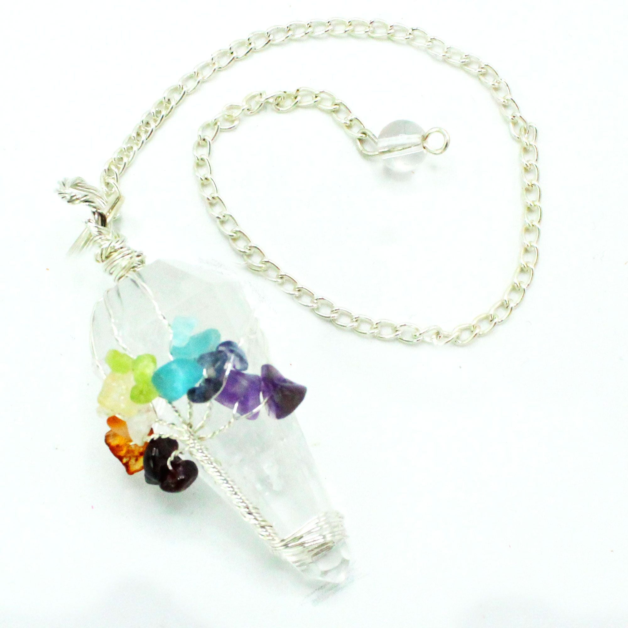 Necklace with colorful beads in a clear pendant on a white background