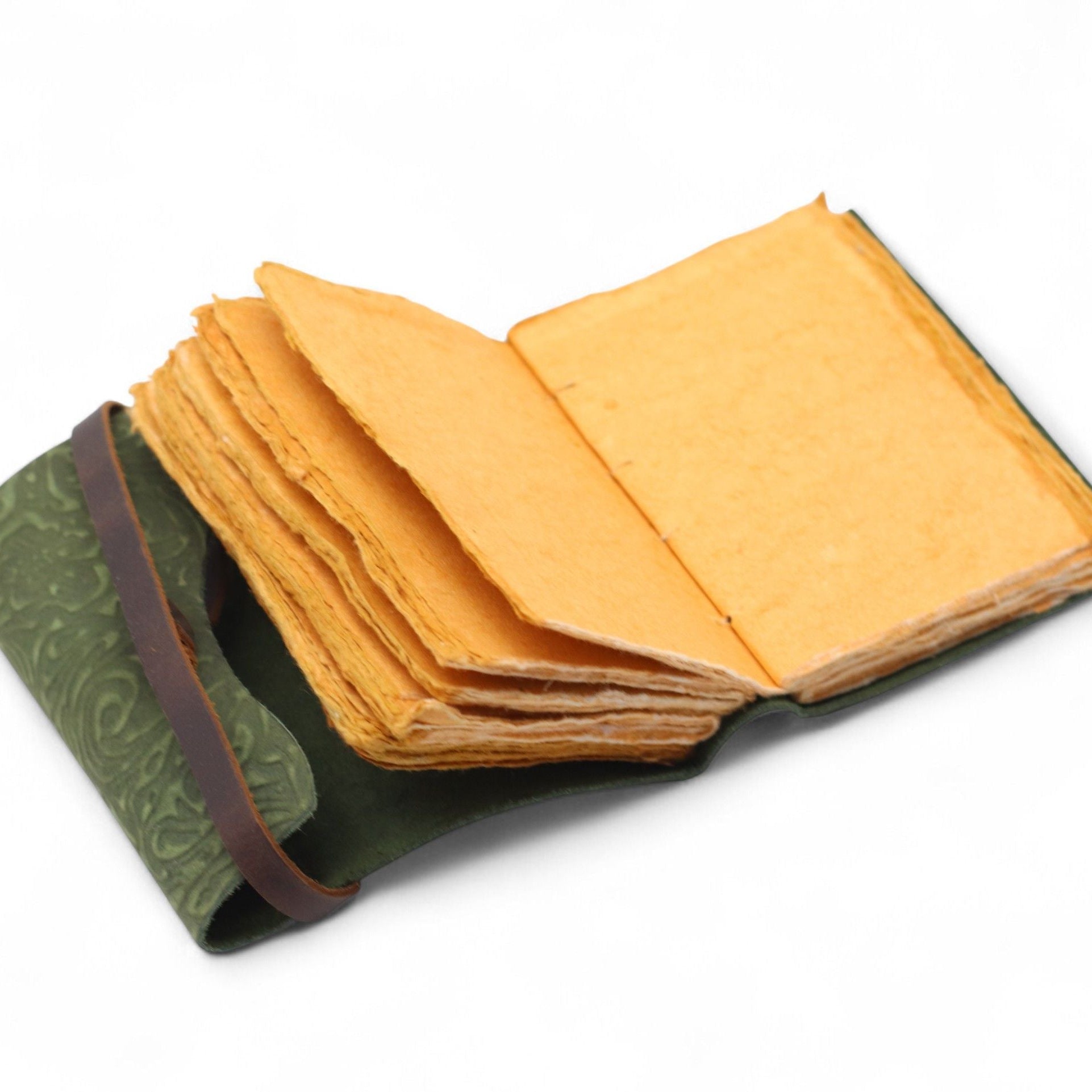 Open book with yellow pages and green binding on a white background
