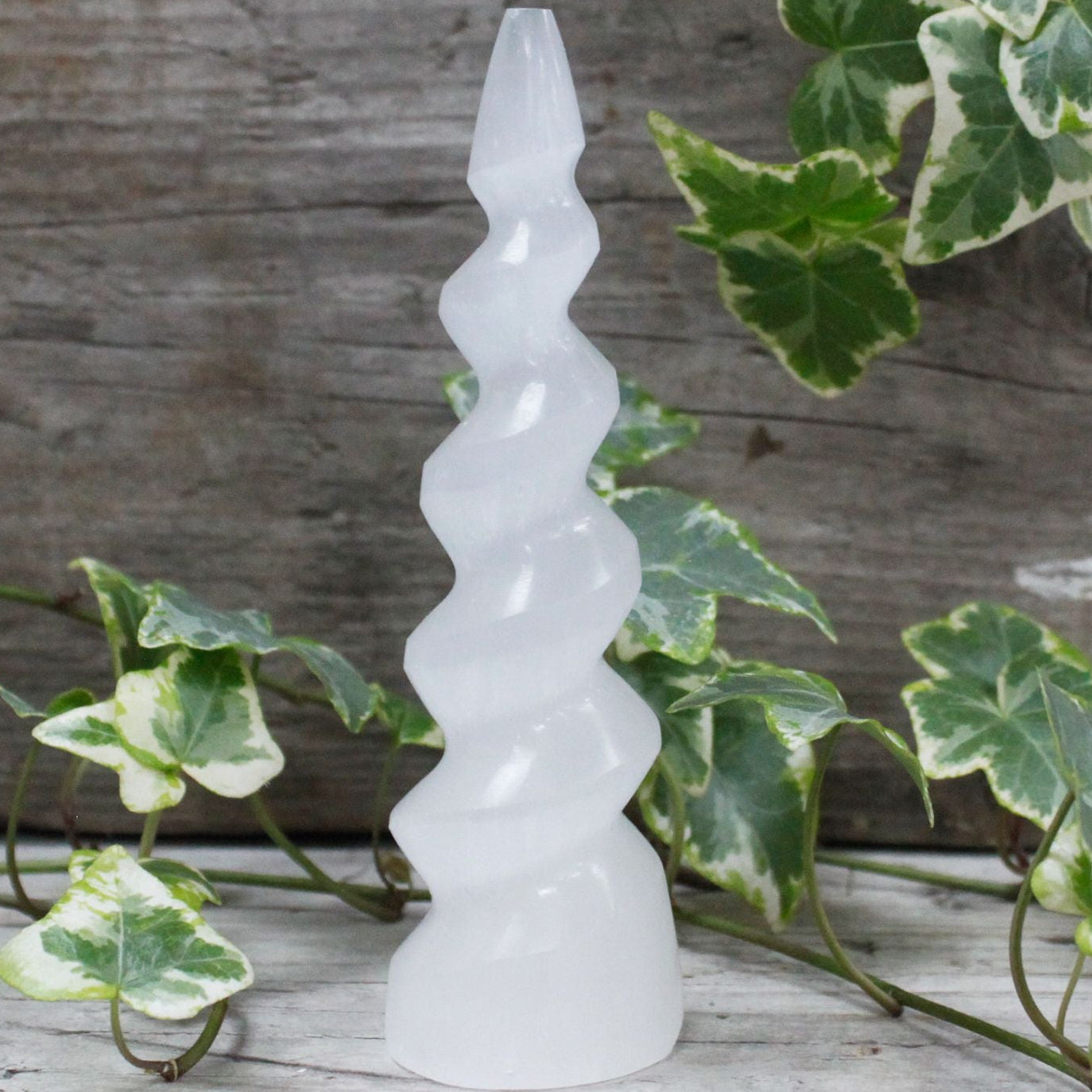White spiral stone sculpture on a wooden surface with green leaves in the background