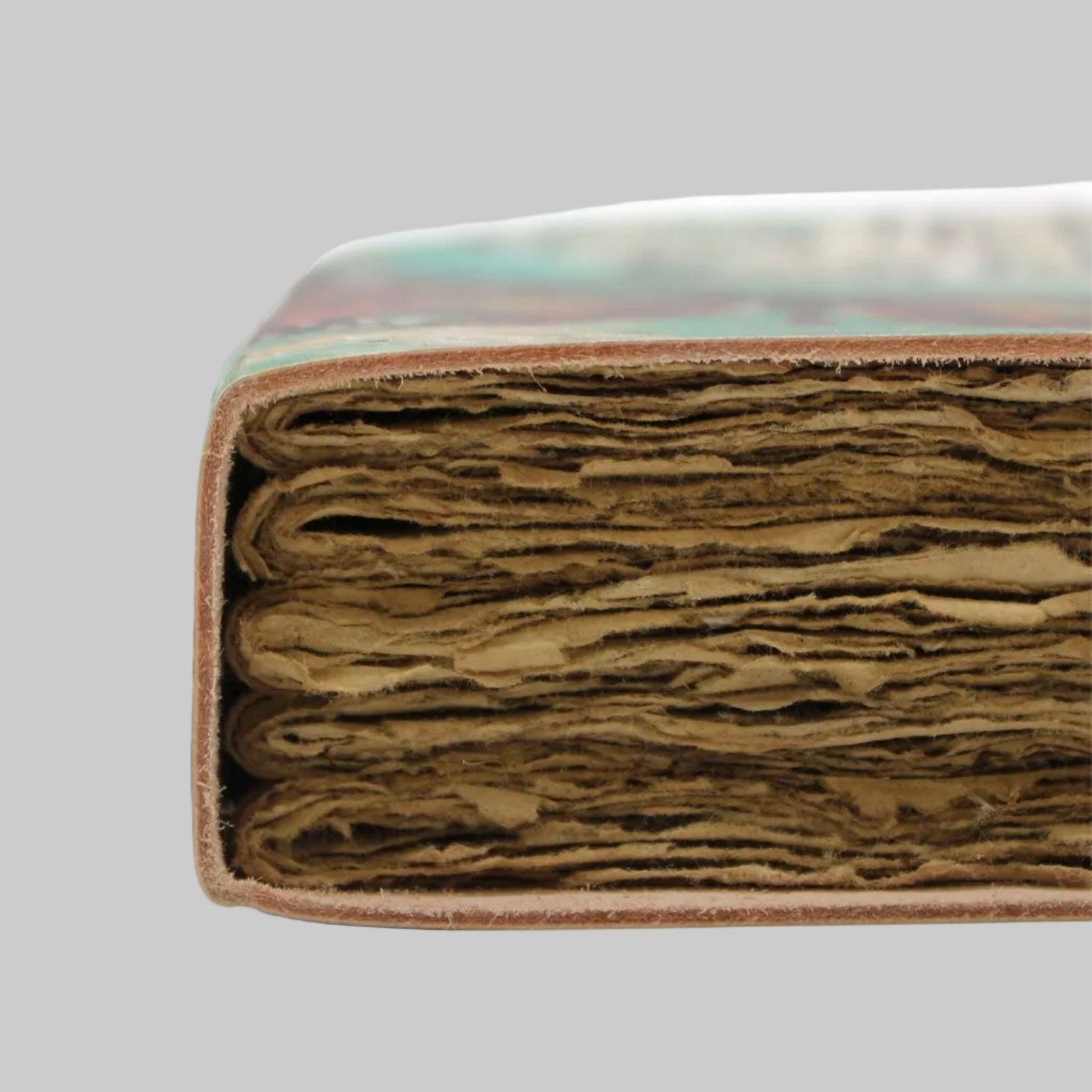 Close-up of a book with a multicolored cover and brown pages on a white background