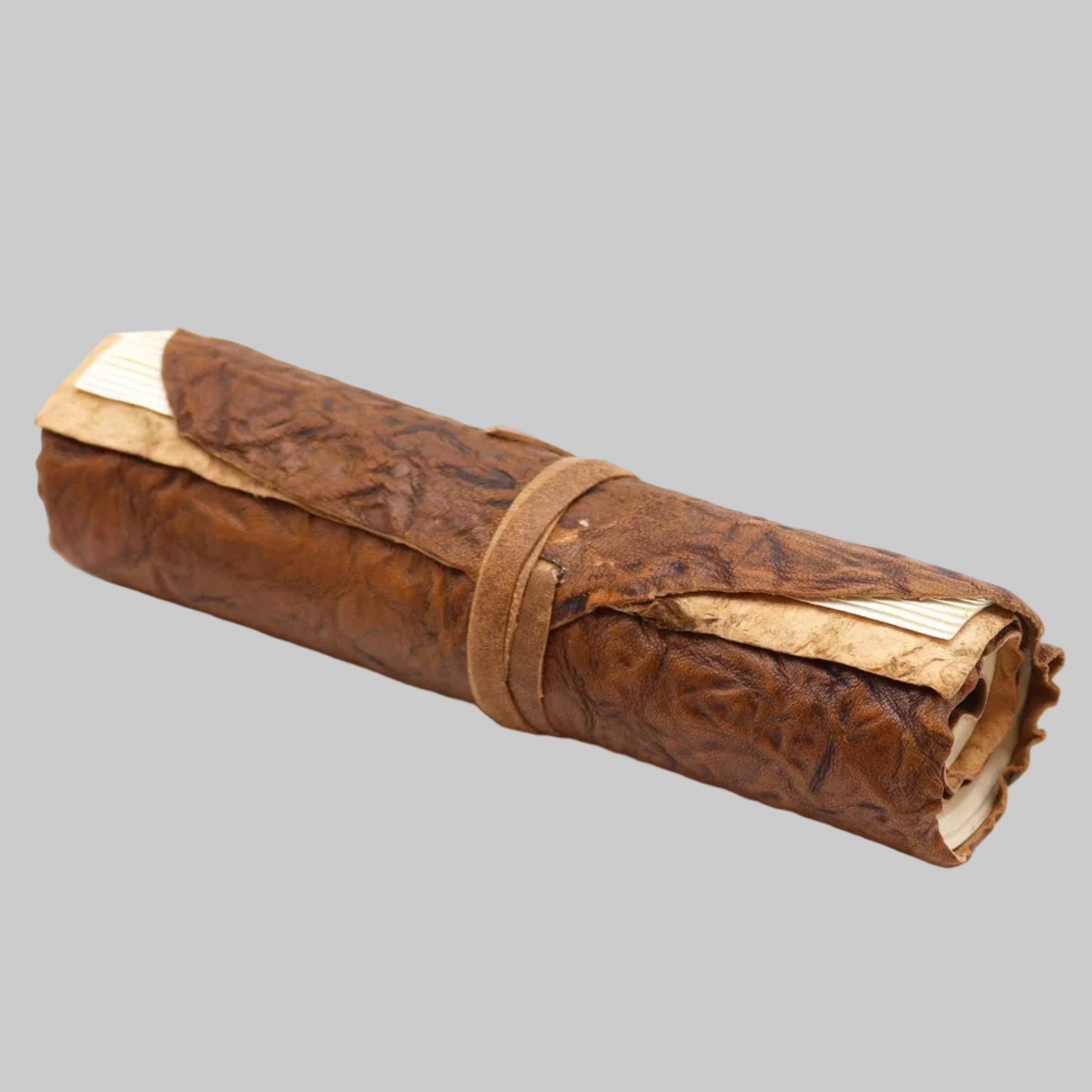 Rolled brown paper with gold edges tied with a rubber band on a white background