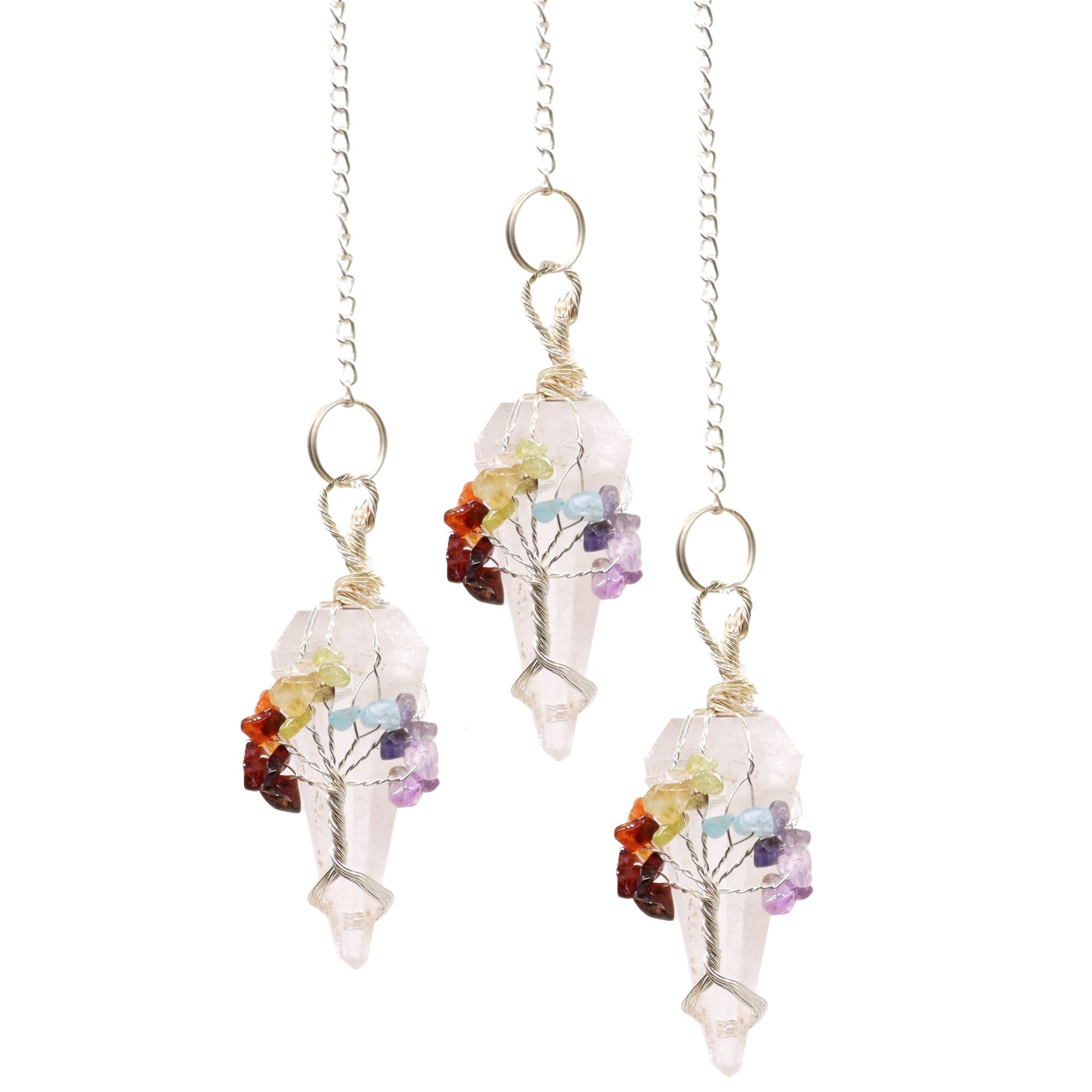Three crystal necklaces with floral elements on a white background