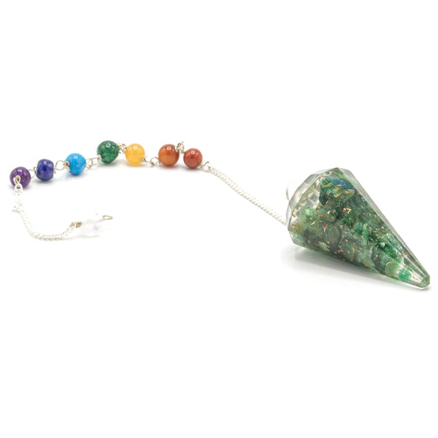 Crystal pendulum with colorful beads on a white background